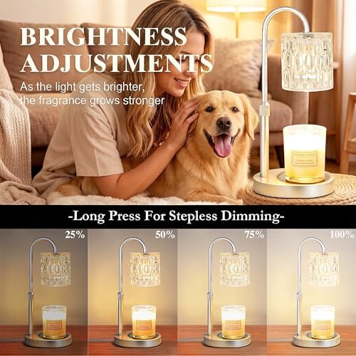 Dreamholder Electric Candle Warmer Lamp with Timer, Dimmable Candle Lamp with Adjustable Height, Wax Melter for Jar Candles Wood Base Floral Home Decor Gifts for Women Mom, Silver Glass - Image 3