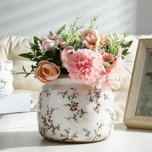 Vintage Planter Large Ceramic Plants Pot Beige Red Floral Pot - Image 5