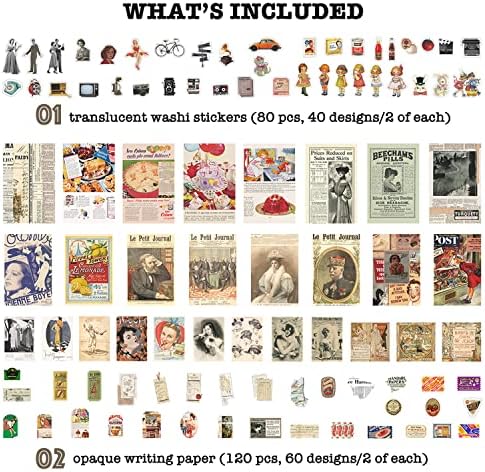 Knaid Vintage Scrapbook Supplies Pack (200 Pieces) for Junk Journal Bullet Journals Planners Aesthetic Paper Stickers Craft Kits Cottagecore Collage Album (Retro) - Image 2
