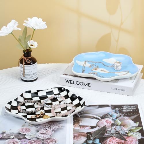 Koythin Black White Checkerboard Ceramic Jewelry Tray, Vanity Trinket Dish - Image 6