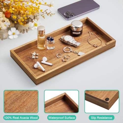 ALELION 13" Bathroom Vanity Tray for Counter - Acacia Wood Decorative Tray for Toilet Tank Makeup Perfume Jewelry Catchall Coffee Table - Wooden Kitchen Countertop Organizer for Soap Dispenser - Image 4