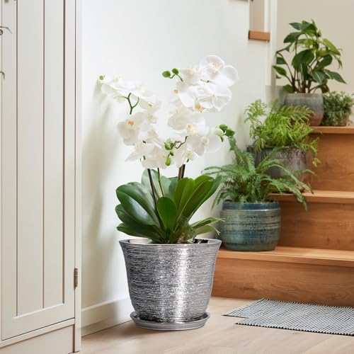 10 Inch Plant Pot, Ceramic Planter with Drainage Hole, Silver - Image 6
