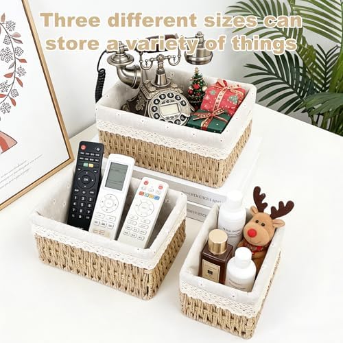 Large Wicker Storage Basket with Liner, Hand-Woven Paper Rope Rattan Organizer Bin for Pantry, Countertop, Bathroom, Bedroom, Shelves (Beige, L) - Image 7