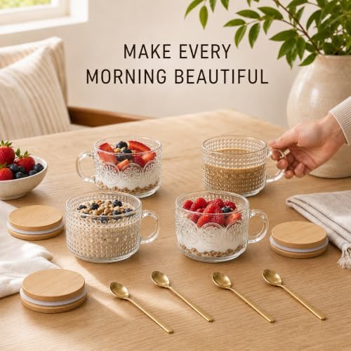 JBHO Vintage Glass 14OZ Coffee Mugs 4pcs Clear Embossed Glass Cups with Bamboo Lids and Spoons Gifts for Women Overnight Containers for Tea,Cereal,Cappuccino, Latte - Image 3