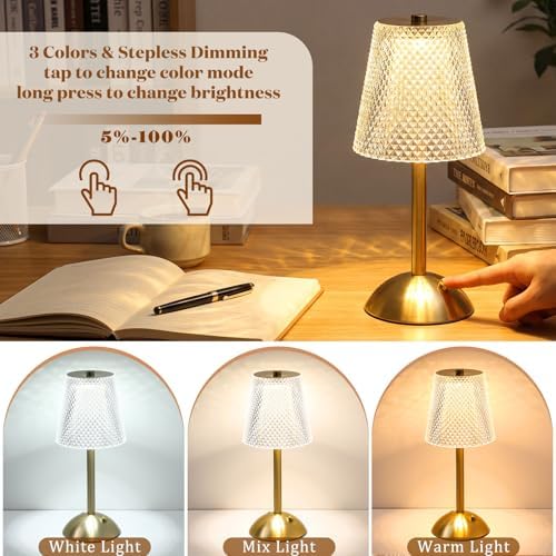 Liliful 2 Pcs Cordless Table Lamp LED Touch, Gold, Crystal Cut Style - Image 4