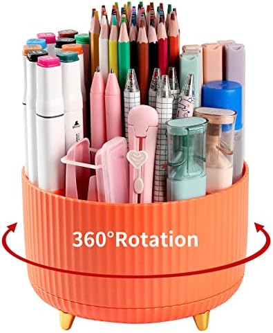 Desk Pencil Pen Holder, 5 Slots 360°Degree Rotating Pen Organizers for Desk, Desktop Storage Stationery Supplies Organizer, Cute Pencil Cup Pot for Office, School, Home, Art Supply, Orange by EDENMS