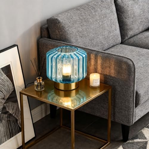 Mid Century Modern Table lamp Small Table Lamps with Touch Metal Base and Blue Glass Shade Vintage Gold Desk lamp nightstand lamp Bedside Table lamp for Bedroom Living Room Office - Image 6
