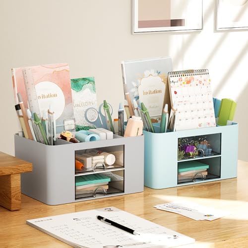 Marbrasse Pen Organizer with 2 Drawer, Multi-Functional Pencil Holder for Desk, Desk Organizers and Accessories with 5 Compartments + Drawer for Office Art Supplies (Grey) - Image 5