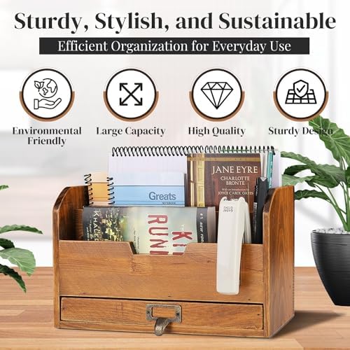 Flexzion 3 Tier Wooden Desk Organizer - Country Rustic Compartments Slot File Tray Pencil Sorter Shelf Holder Supplies Rack Accessories Set with Storage Drawer for Desktop Tabletop Office Home Brown - Image 3