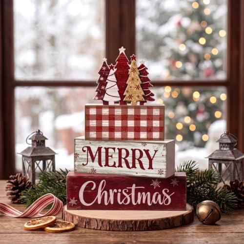 Moucuny 4 Pcs Christmas Table Decor Rustic Merry Wooden Christmas Tree Sign - Image 4