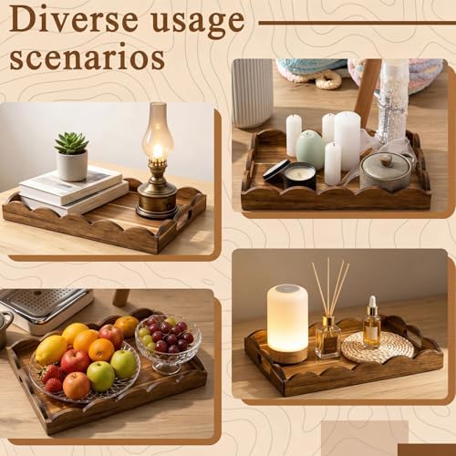 Sawysine 2 Pcs Wooden Scalloped Tray with Handles 10x14x2'', 8.7x12.6x2'' - Image 5
