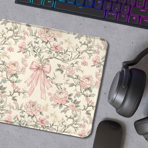 Vintage Pink Floral Mouse Pad, Coquette Girly Pink Bow Peony Flower Aesthetic Mouse Pads for Wireless Mouse Computers Laptop Desk Accessories, Preppy Girly Office Supplies, 9.5x7.9 Inch - Image 5