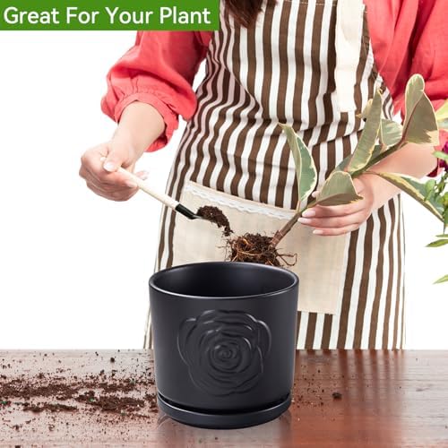 Ekirlin 7 Inch Plant Pots for Indoor Plants, Modern Ceramic Glaze Planters, Round Flower Planter Pot with Drainage Hole and Saucer, Snake Plant Pot for Succulent, Orchid, Pothos,Gift for Plant, Black - Image 5