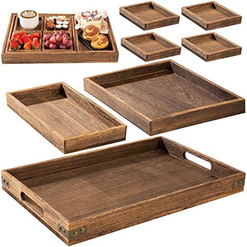 Yangbaga Rustic Wooden Serving Trays with Handle - Set of 7 Rectangular Platters for Entertaining, Breakfast, Coffee Table, Home Decor by Hanber