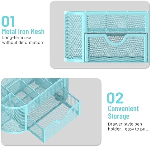 Mesh Desk Organizer with Drawer, 9-Compartment Pen Holder for Desk, Blue - Image 5