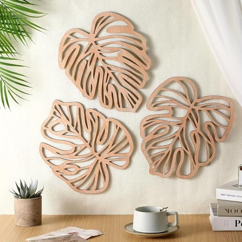 Palm Leaves Wood Wall Decor , 3Pcs Tropical Wall Art Jungle Decor, Wooden Natural Leaves Plant Wall Decor, Vintage Tropical Plant Plaque for Home Living Room Kitchen Bedroom Bathroom & Garden, Light Brown by Unknown