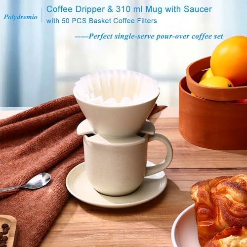 Pour Over Coffee Maker, with 50 PCS Basket Coffee Filters, 310 ml/10 oz Mug with Saucer & Coffee Dripper, Ceramic, Off-white - Image 3