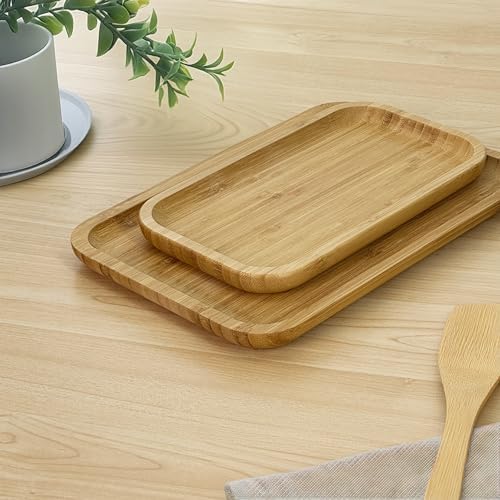 Bam&Boo Bamboo Serving Tray Natural Minimalist Rectangular (14.1” x 9.4" x 0.8") Coffee, Tea, Food, Drinks, Storage, Decor for Home, Kitchen, Bathroom - Image 2