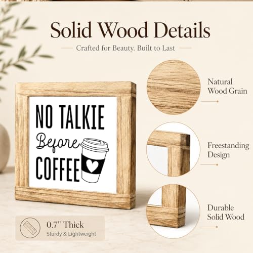 No Talkie Before Coffee Wooden Sign, Funny Morning Coffee Decor Plaque, Cute Caffeine Lover Kitchen Accent, Farmhouse Shelf Sitter For Countertop Office Desk Coffees Nook, 5.9 x 5.9 in - Image 6