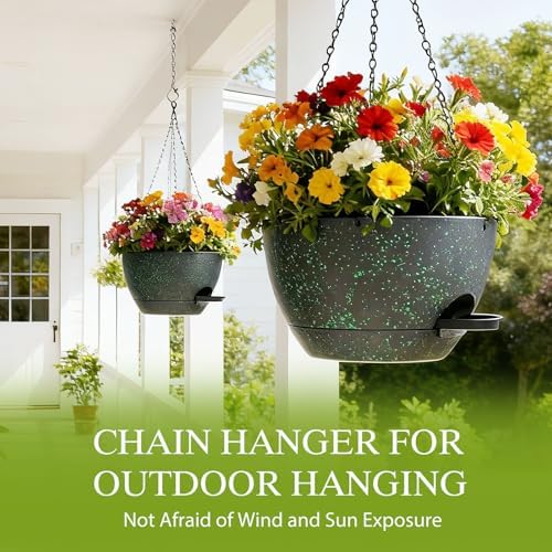 12 Inch Hanging Baskets 2 PC with Chains, Self-Watering Hanging Planters for Indoor Outdoor Plants, Plastic Hanging Flower Pots, Black with Green Speckles - Image 5