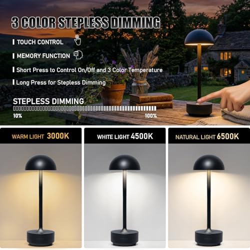 LED Cordless Table Lamp 5000mAh Rechargeable Battery Light Black - Image 3