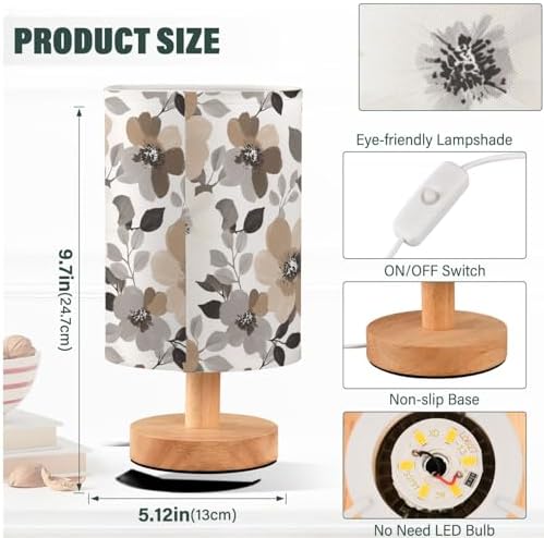 Fustylead Abstract Brown Gray and White Floral Bedside Table Lamps with USB Port for Bedroom Lamp Small Nightstand Lamp Sturdy Linen Shade Wooden Decorative Lamps for Living Room Home Dorm Kids - Image 4