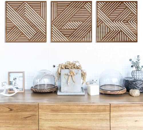 Bnesi 3 Piece Abstract Geometric Wood Wall Art Decor Modern Boho Minimalist Slatted Design Wall Sculpture Art Decor for Living Room Bedroom Home Bathroom (Exquisite, Medium) by Bnesi