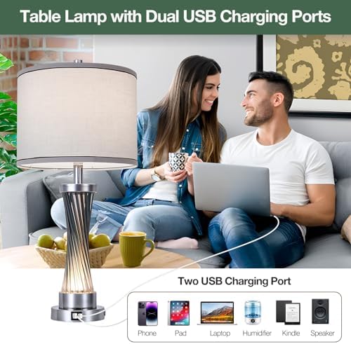3-Way Dimmable Table Lamp Set of 2,Touch Control Lamp with Night Light,Modern Blue Crystal Table Lamps for Bedroom,Living Room，Bedside Lamps with USB A+C Ports，Fabric Lampshade(Blubs Included) - Image 5