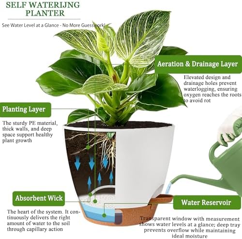 Self Watering Pots for Inoor Ourdoor Plants 8/7/6.5/6/5" Plastic Planters - Image 5