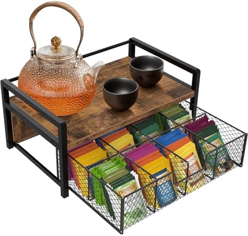 Homode Tea Bag Organizer, Wood Tea Organizers and Storage Chest, Teabag Holder with Storage Drawer,Tea Station Chest Display Container Box for Countertop Kitchen, Rustic Brown by Homode