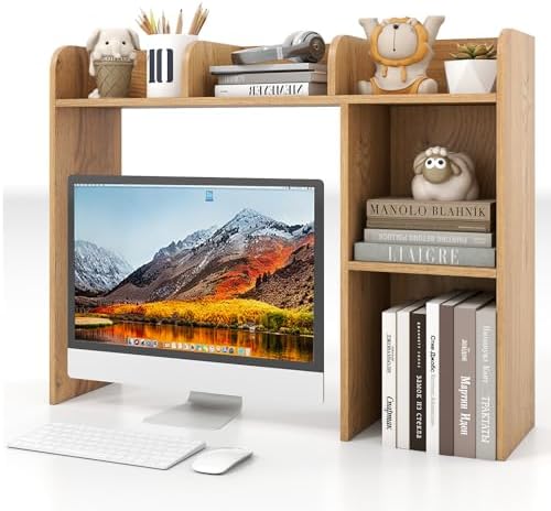 GIANTEX Desktop Bookshelf, Wood Desk Hutch Organizer for 27 Inch Computer Monitor, Countertop Storage Display Rack with 5 Shelves, Multipurpose Desktop Shelf Bookcase for Dorm Office Home, Natural by Giantex