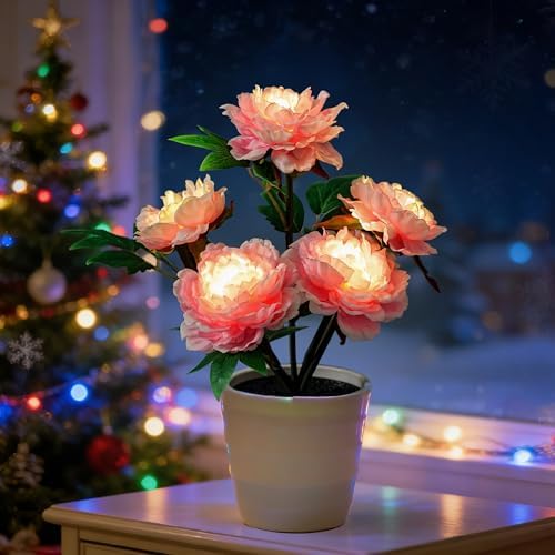 Pink Peony Artificial Flower Lamp, Night Light for Bedroom Wedding Bar Coffee Shop Decor, Christmas Valentines Mothers Day Anniversary Birthday Gifts for Women Mom Grandma Wife Friend by Hibeauti
