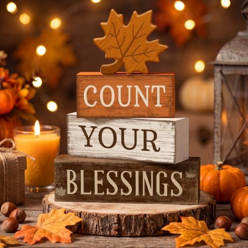 Moucuny 4 Pcs Fall Table Decoration Rustic Maple Leaf Stacked Wooden Blocks - Image 2