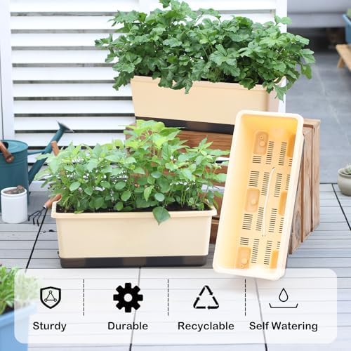 Oliz Window Box Planter 8 Pcs, 17 Inches Rectangle Flower Pots with Drainage Holes & Trays, Vegetable Planters for Windowsill Patio Garden Balcony Home Indoor Outdoor (Barley Yellow, 16 * 7 * 6 inch) - Image 2