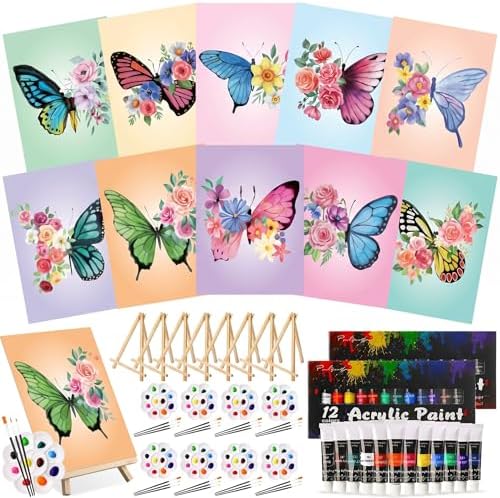 Ctosree 72 Pcs Butterfly Paint and Sip Kit for Adults 8'' x 10'' Pre Drawn Canvas for Painting DIY Pre Printed Canvas for Party Favor Acrylic Painting Kit Wood Easel Brushes Date Night Bulk by Ctosree
