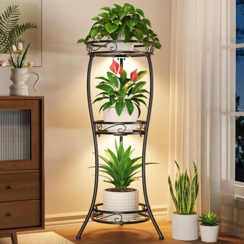 LASZOLA 3 Tiers Metal Corner Plant Stand Tall with Light for Indoor Outdoor by LASZOLA