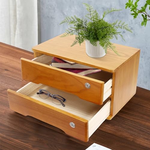 2-Tier Desktop Storage Box with Lockable Drawer, Wooden Desk Organizer for Office Supplies, Flat File Cabinet, Minimalist Design for Home & Office Use(Wooden+Yellow) - Image 2