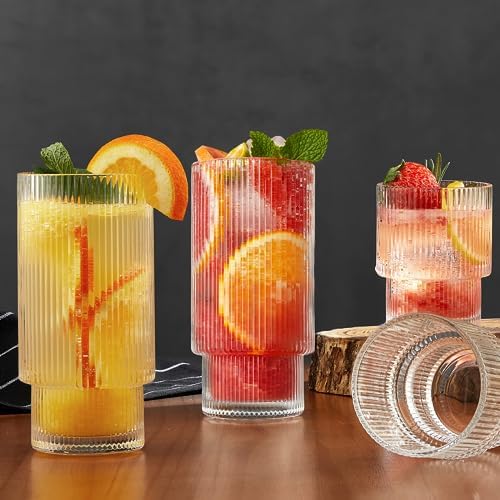 Qipecedm® 6 Pack Ribbed Drinking Glasses, 16 oz Vintage Glass Cups, Highball Glasses, Premium Iced Coffee Glasses, Clear Glass Tumbler, Cocktail Glasses, Elegant Glassware for Water Juice Whiskey Beer - Image 2