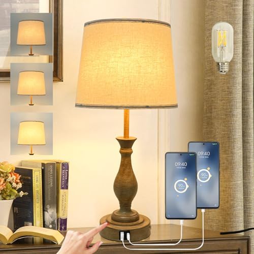 LALISU Farmhouse Table Lamp Touch Control 3-Way Dimmable Table Lamp, Modern Nightstand Lamp with 2 USB Port Bedside Desk Lamp with Fabric Shade for Living Room (Pack 1-Beige Shade & Touch) by LALISU