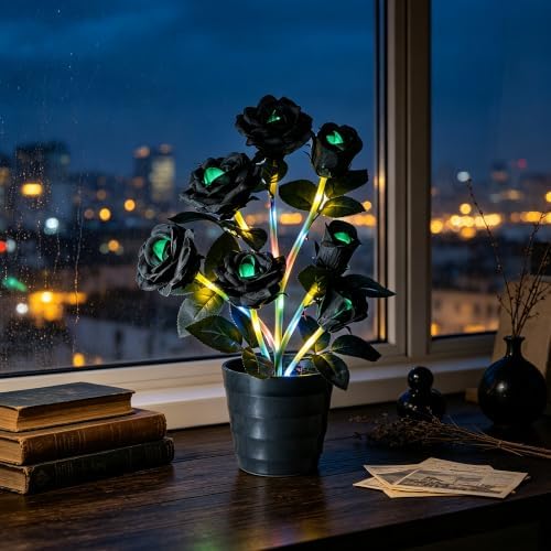 Gothic Black Rose LED Flower Lamp Artificial Rose Night Light Bedroom Decor by Hibeauti