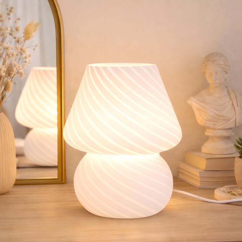 ULAROOM USB Plug-in Mushroom Lamp Small Bedside Table Lamp with 3 Temperature LED Bulb,Free Dimming Nights Light for Bedroom/Living Room/Entryway/Corner Decor (Stripe White) by Ularoom
