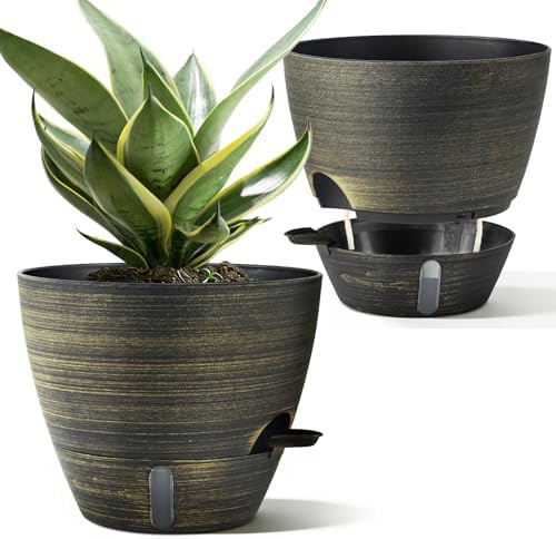 ZMTECH 10 Inch Self Watering Pots for Indoor/Outdoor Plants, Gold Bronze Large Plastic Planter with Water Level Indicator, Drainage Hole & Removable Saucer for Garden Flowers, Deco Plant Container by HighQualityGardeningTools