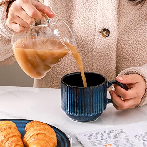HASENSE 15 Oz Ribbed Stackable Coffee Mug Set of 4, Ceramic Latte Cups with Metal Stand, Dishwasher & Microwave Safe, Navy Blue for Cappuccino Tea Hot Cocoa - Image 6