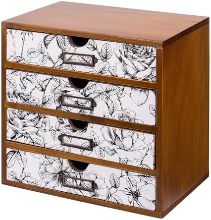 Vintage Desk Organizer with 4 Black & White Floral Drawers - Wooden Storage Shelf Drawer for Tabletop - Wood Desktop Organizing Box Cabinet - Black & White Monochrome Botanical Toile de Jouy by Woodaholic