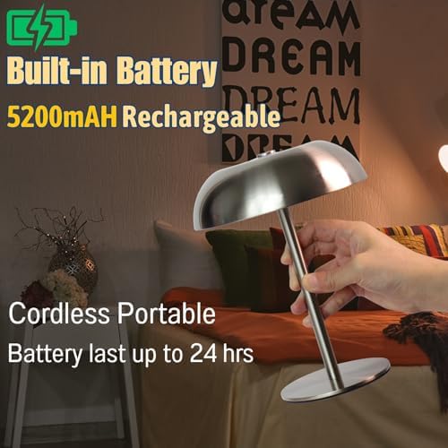 Cordless LED Mushroom Table Lamp, 5200mAh Battery, Dimmable 3 Color, Silver - Image 4