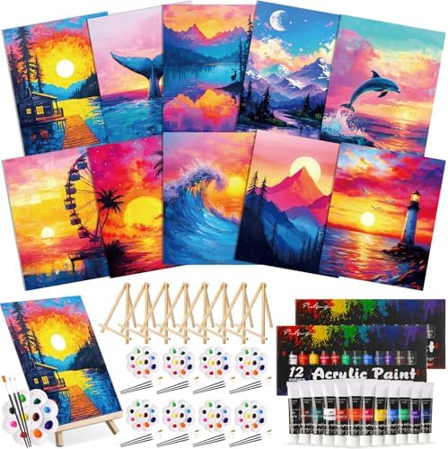 Ctosree 72 Pcs Natural Scenery Paint and Sip Kit for Adults 8'' x 10'' Pre Drawn Canvas for Painting DIY Pre Printed Canvas for Party Favor Afro Acrylic Painting Kit Wood Easel Brushes Bulk by Ctosree