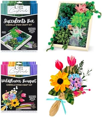 WeVeel Cozy Craftworks Wildflower & Succulent Chenille Stem Craft Kit Bundle for Teens & Adults – Mindful DIY Plant Craft, Tactile Pipe Cleaner Art Kit with QR Video Tutorials by WeVeel
