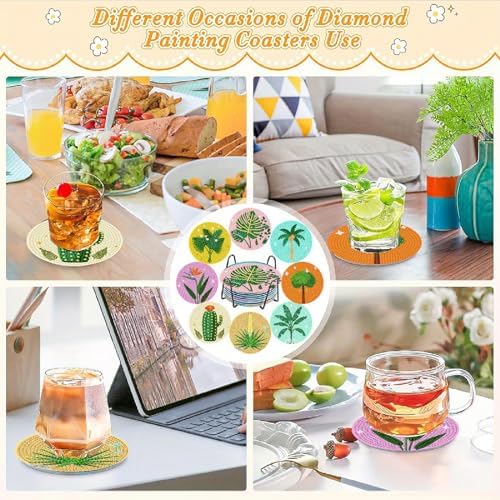 Clendo 8 Pcs Green Plants Diamond Painting Coasters Kits with Holder, 5D Diamond Art Painting Coasters Set for Adults, Small Mini Diamond Dots Kit for Beginners DIY Art Craft Home Decor - Image 5