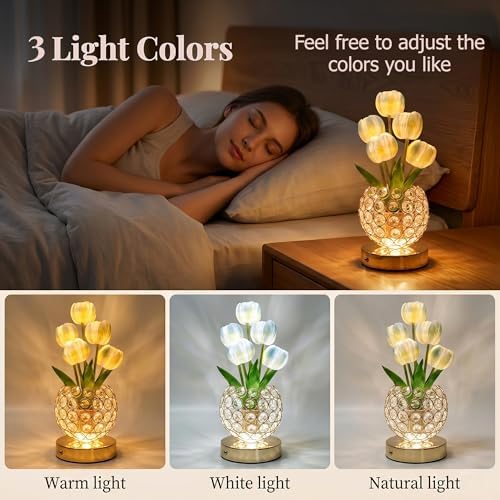 Tulip Night Light with Dazzling Crystal-Like Base, 3-Color Touch Control Flower Lamp, Stepless Dimming Rechargeable Floral Table Lamp, Aesthetic Romantic Gifts for Women Mom Wife (Blue) - Image 3