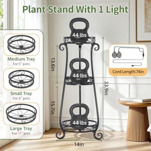 LASZOLA 3 Tiers Metal Corner Plant Stand Tall with Light for Indoor Outdoor - Image 2